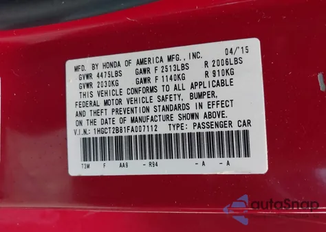 2015 Honda Accord Ex-L V-6 из США, поврежденный, VIN 1HGCT2B81FA007112